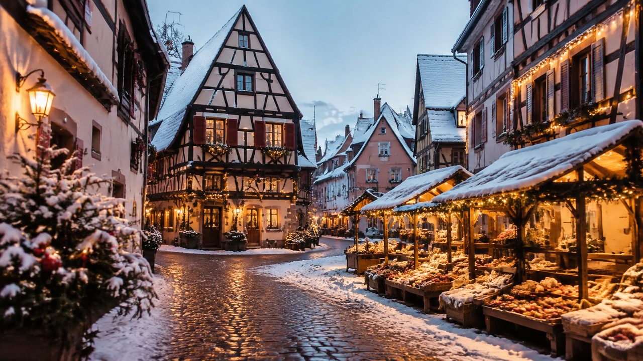 Half-timbered Alsatian houses decorated with Christmas lights above a small village market square