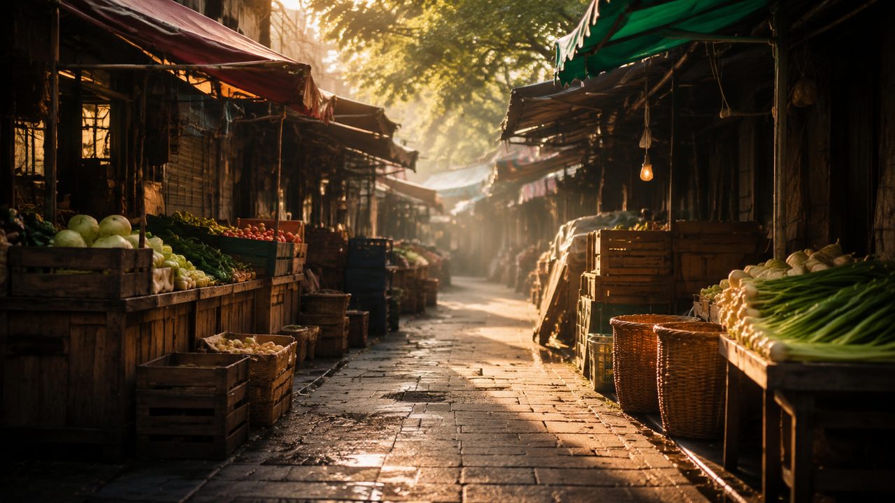 A busy market square at dusk with visitors walking between stalls under string lights