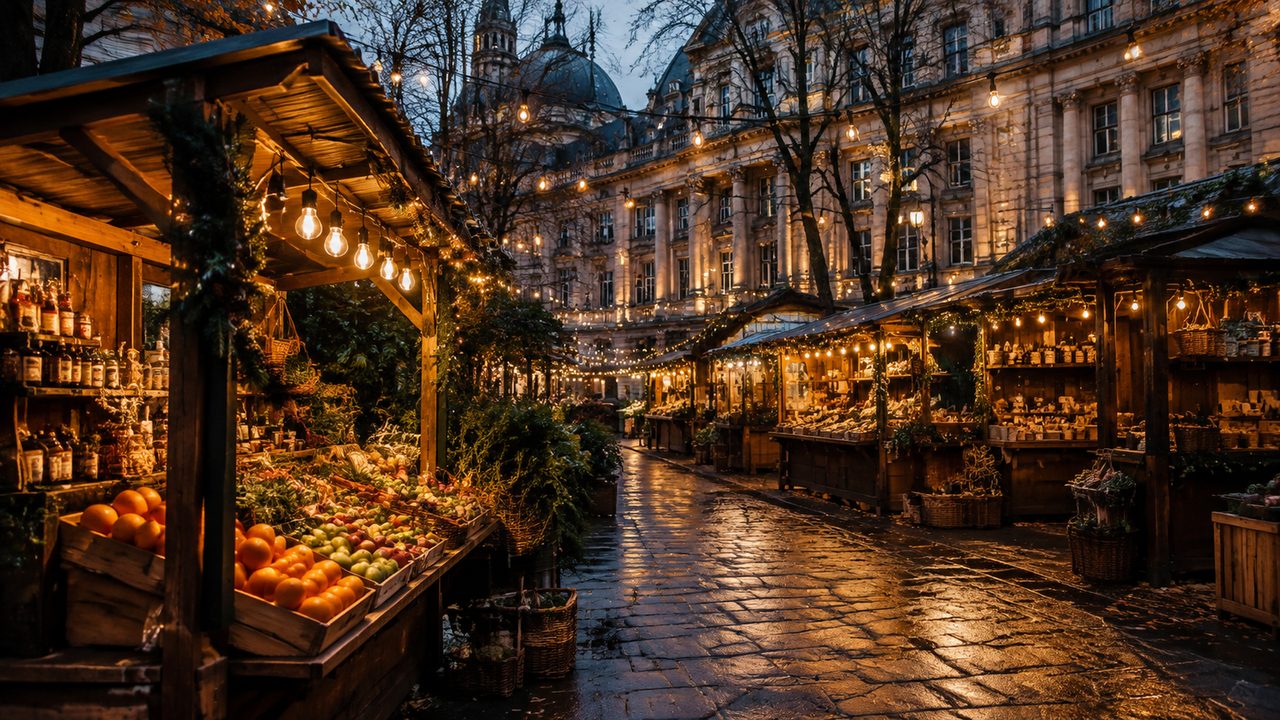 Wooden German market stalls with garlands stretching across Victoria Square in front of Birmingham's Council House