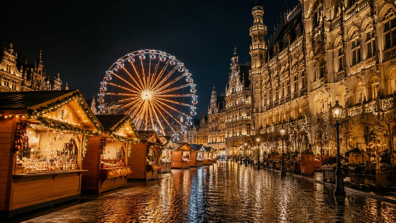 The Grand-Place in Brussels lit with Christmas lights, a giant tree above the Winter Wonders stalls