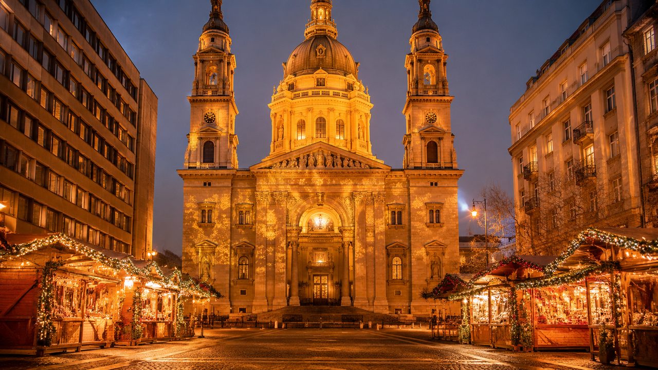St Stephen's Basilica lit with a Christmas projection above the Advent Bazilika market stalls