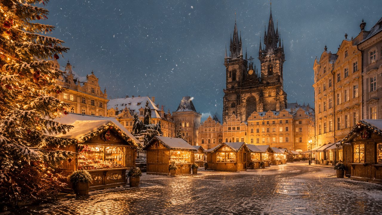 A festive Central European market square with a large decorated tree and evening lights