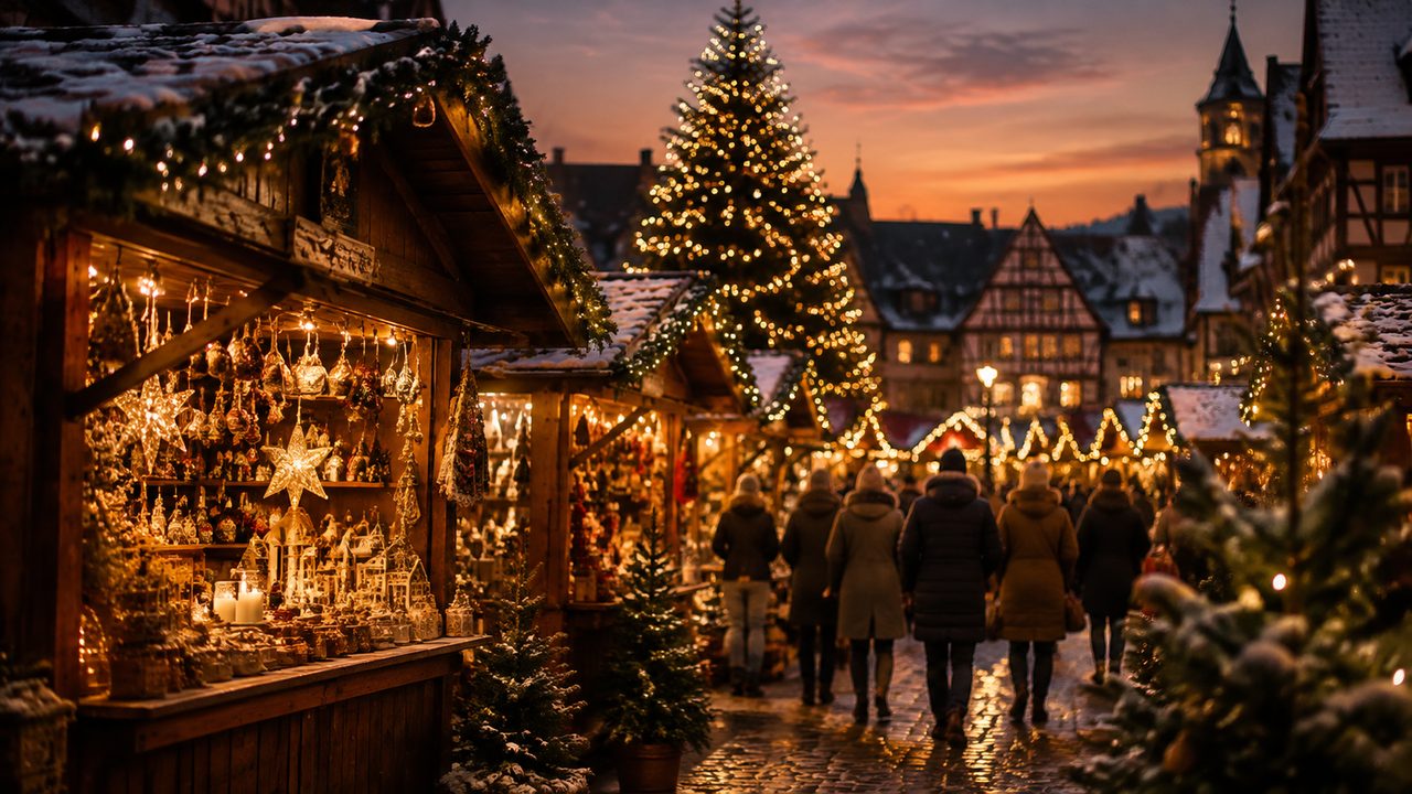 A European Christmas market at dusk with glowing wooden stalls