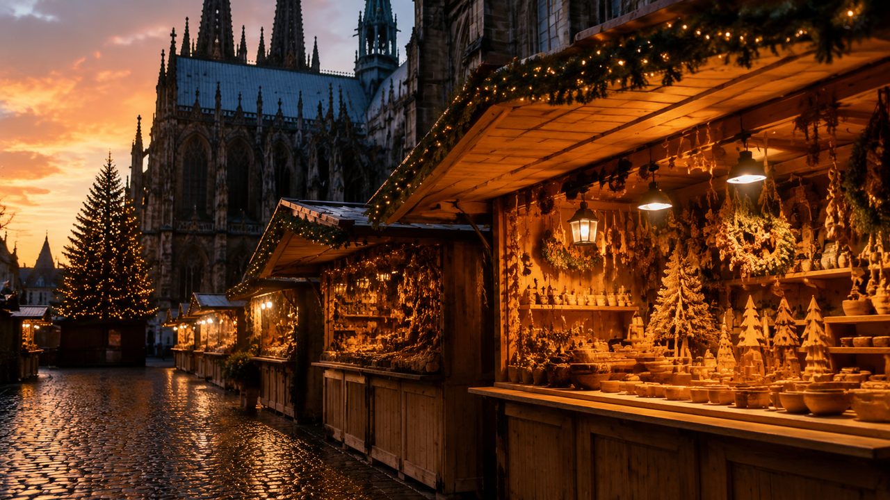 Glowing Christmas market stalls on Roncalliplatz in front of Cologne Cathedral, the twin towers lit against a winter sky
