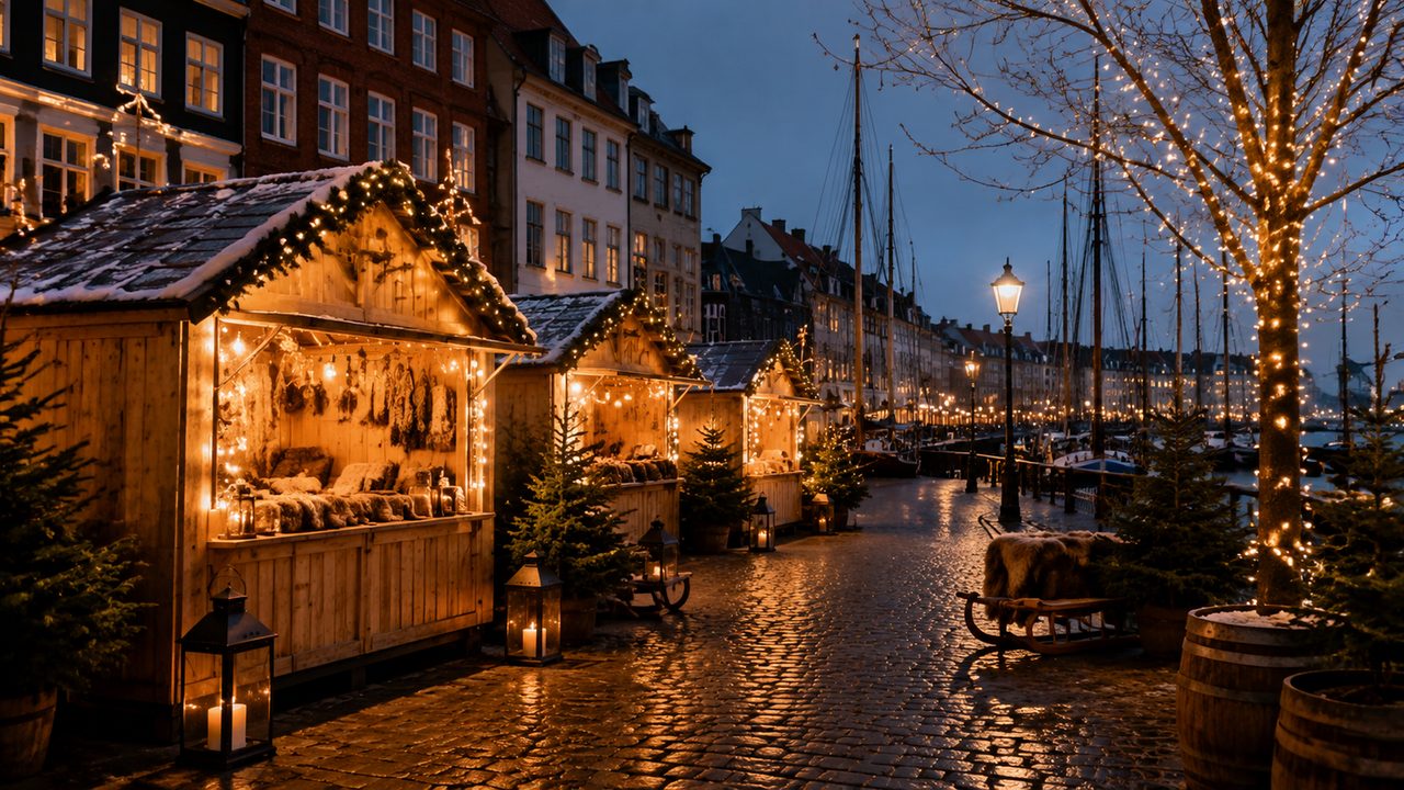 Colourful waterfront stalls strung with lights along Copenhagen's Nyhavn canal