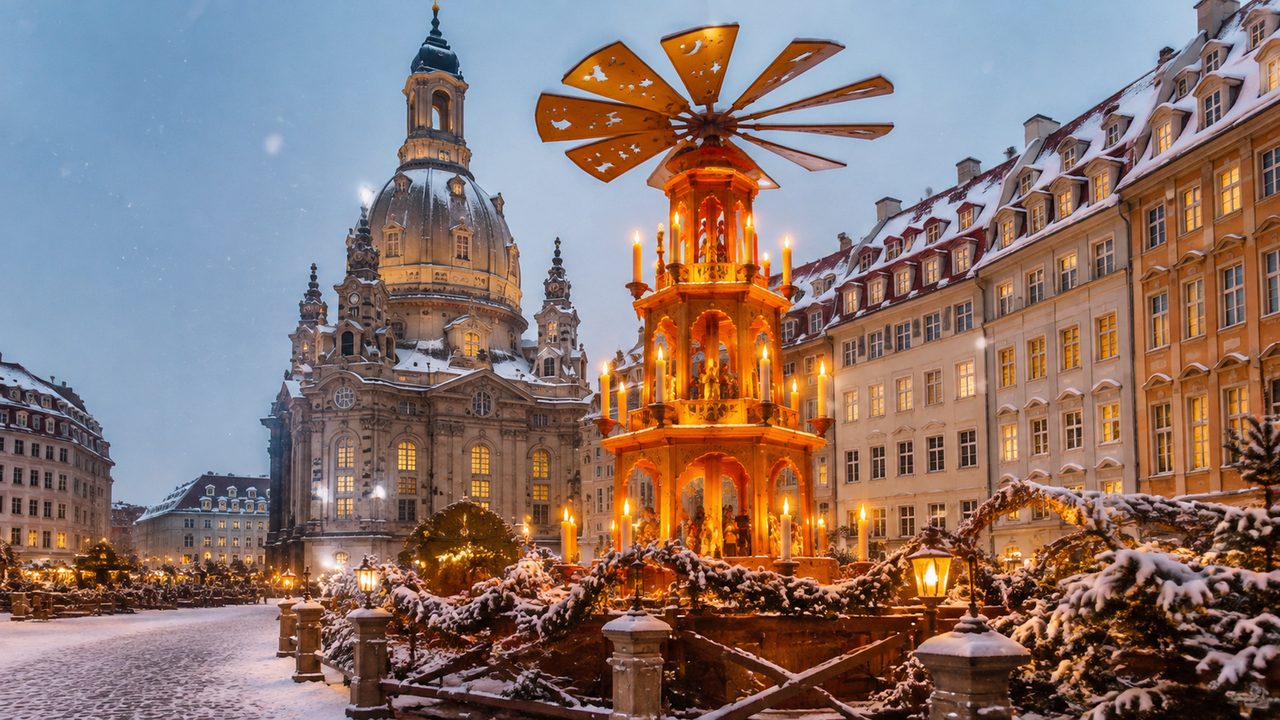 The giant wooden Christmas pyramid and decorated stalls of the Striezelmarkt on Dresden's Altmarkt at dusk