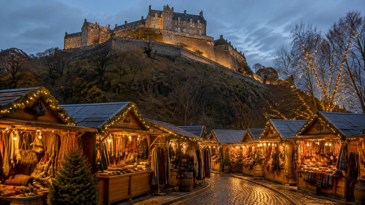 Christmas market stalls and a ferris wheel in Princes Street Gardens beneath the floodlit Edinburgh Castle