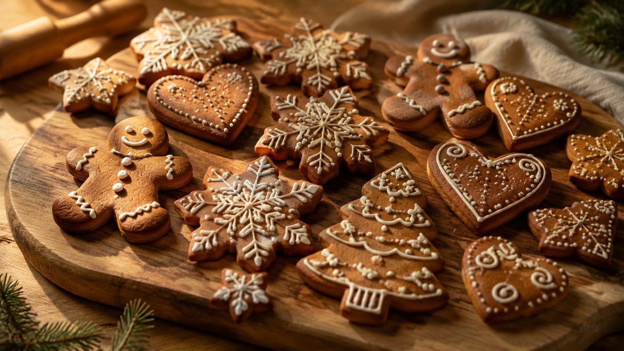 A selection of gingerbread: round lebkuchen, moulded speculaas biscuits and glazed pryaniki on a wooden board