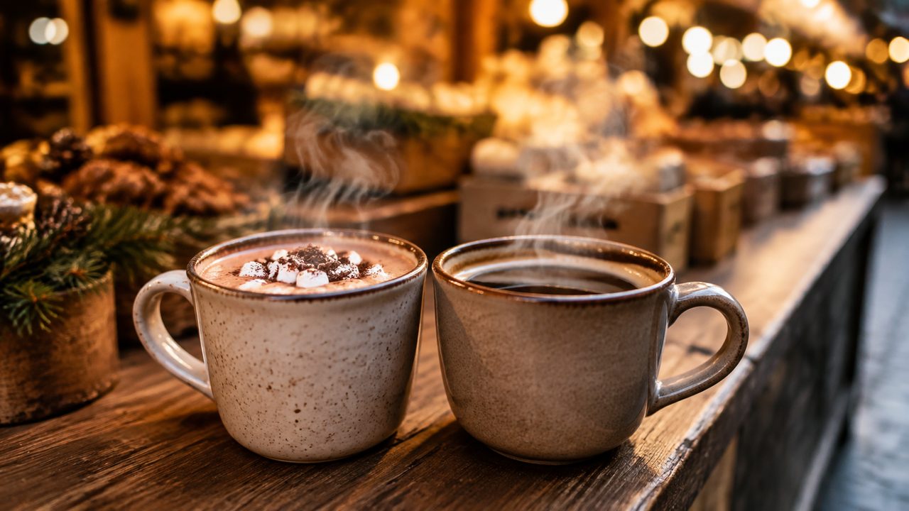 A thick hot chocolate in a market mug next to a small espresso cup on a wooden stall counter