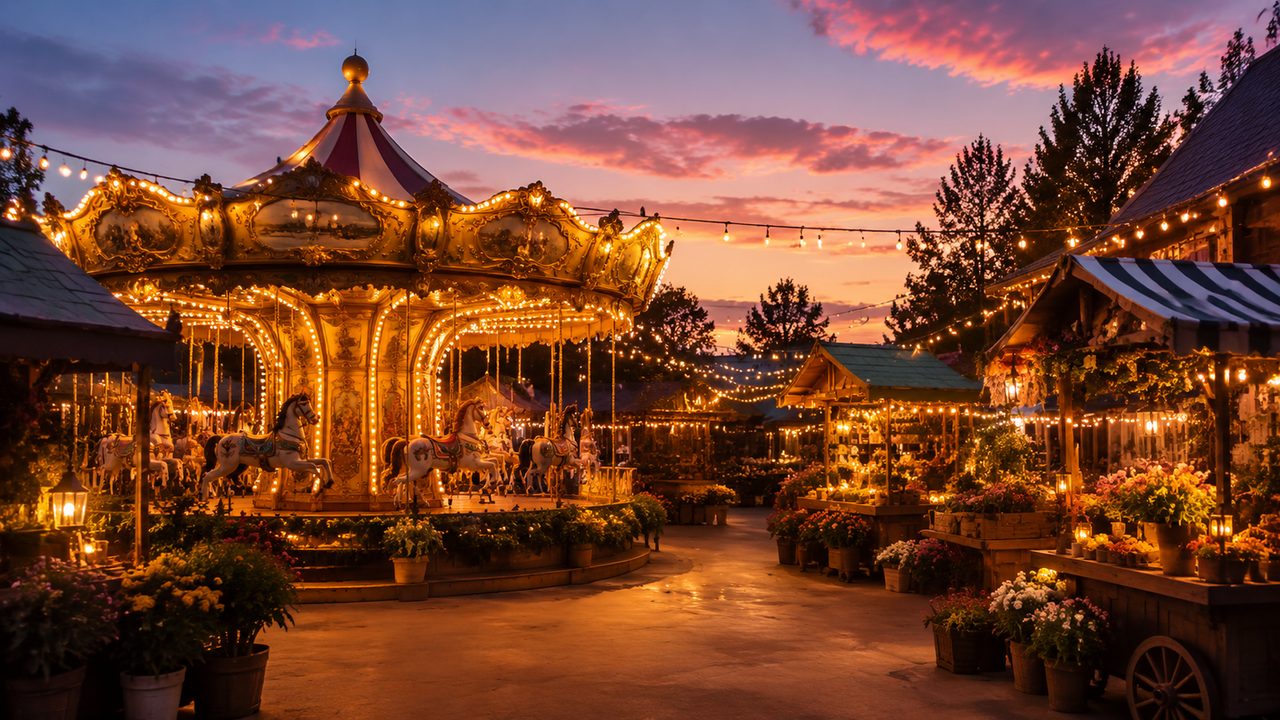 A child in a red hat riding a wooden carousel at a Christmas market, lights glowing around