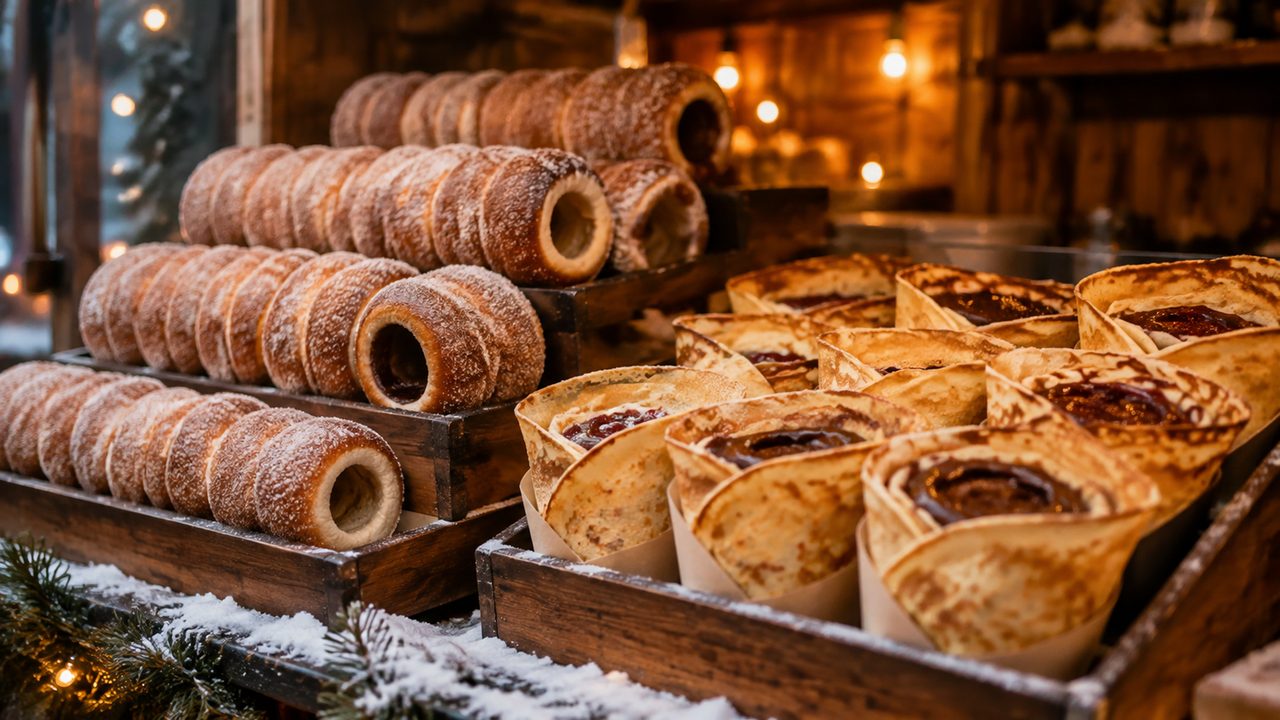 A sugar-dusted trdelník chimney cake beside a crêpe folded over at a market dessert stall