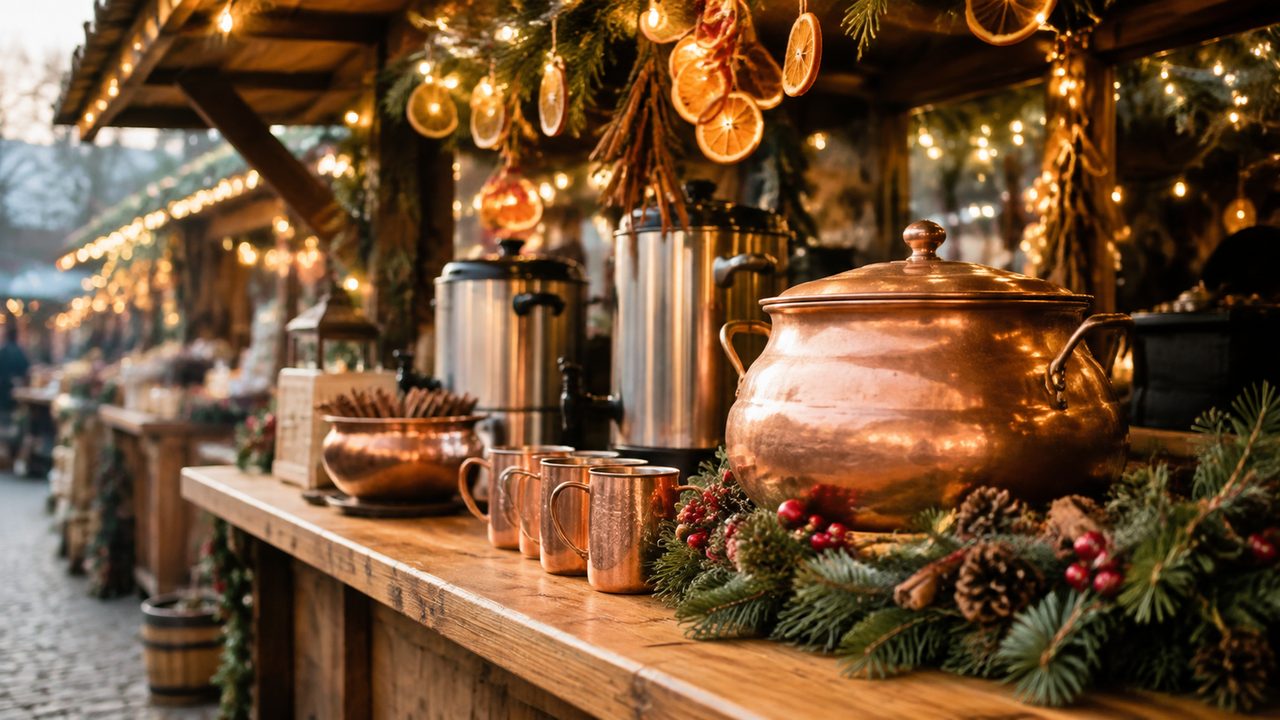 Market visitors queueing at a wooden Glühwein stand on a cobbled square