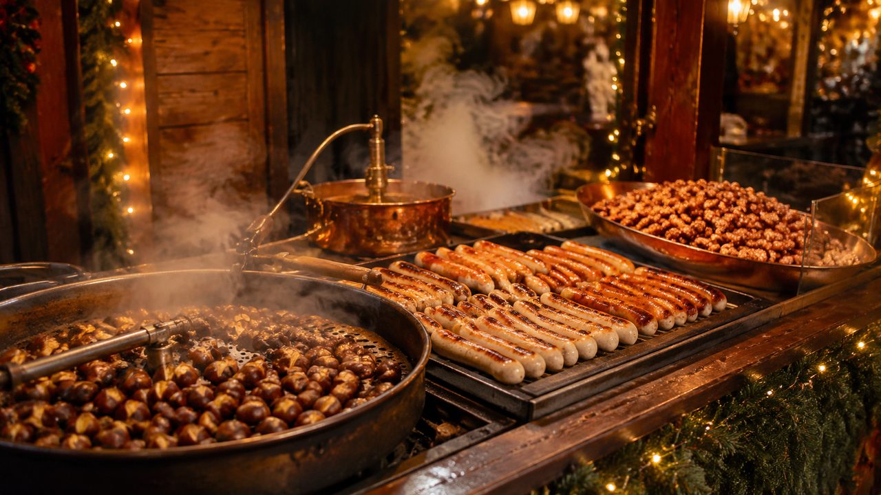 A hot bratwurst in a crusty roll at a German Christmas market stall