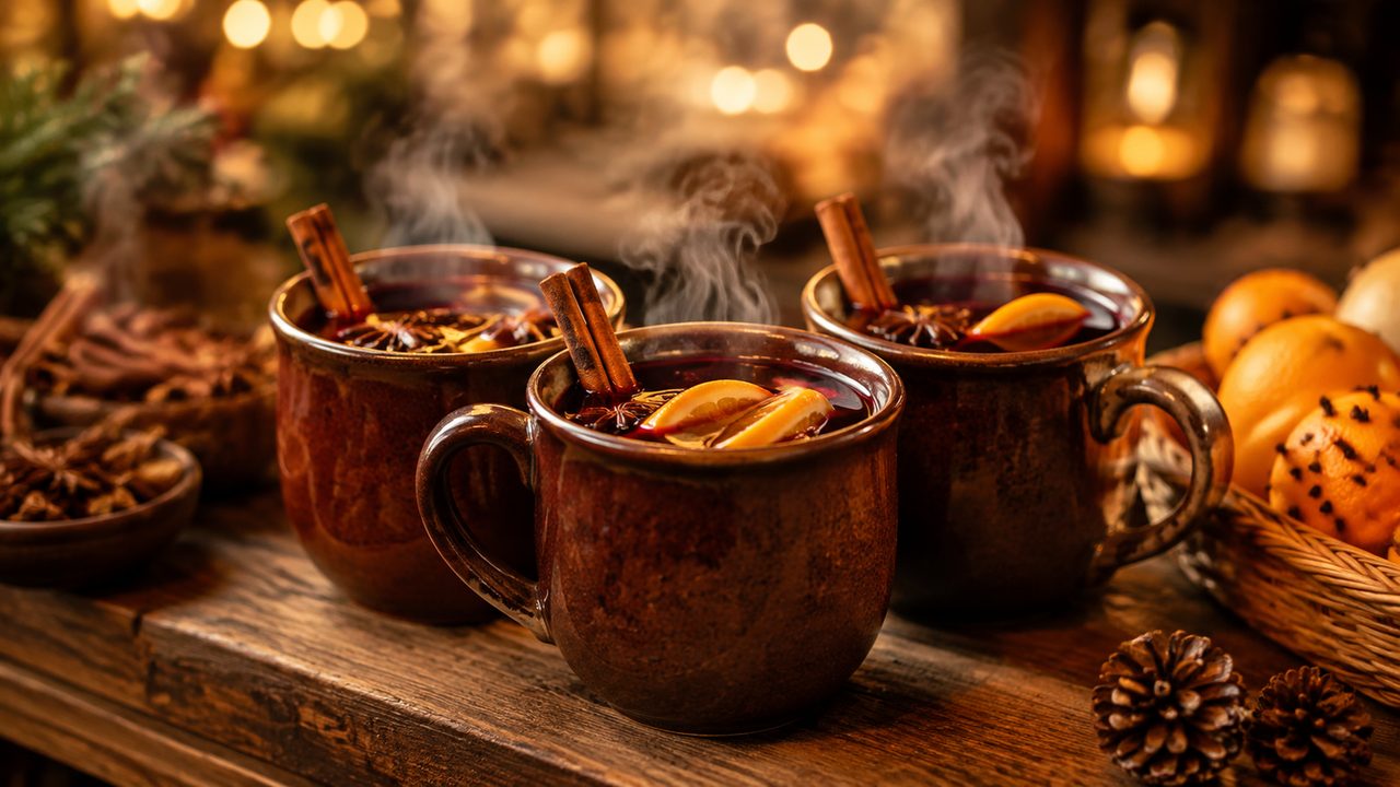 Steaming cups of mulled wine with cinnamon sticks and orange peel at a winter market stand