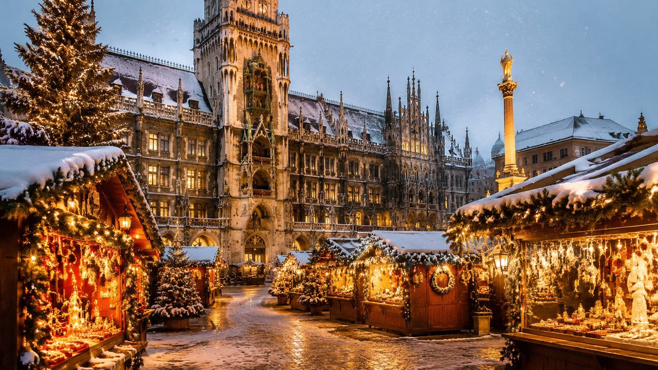 The Christkindlmarkt stalls filling Marienplatz in front of Munich's gothic New Town Hall