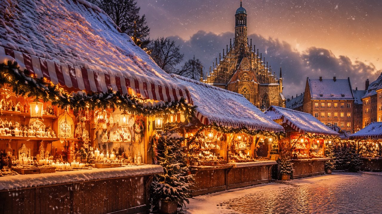 Red and white wooden stalls of the Christkindlesmarkt glowing beneath the gothic Frauenkirche on Nuremberg's Hauptmarkt
