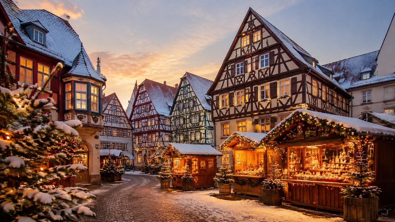 Half-timbered houses and market stalls dusted with snow on the Marktplatz in Rothenburg ob der Tauber