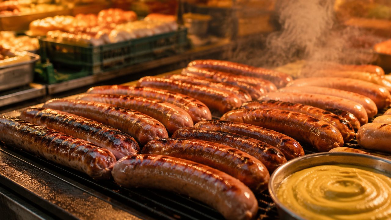 Grilled sausages in crusty rolls on a wooden market stall, mustard in a small pot beside them