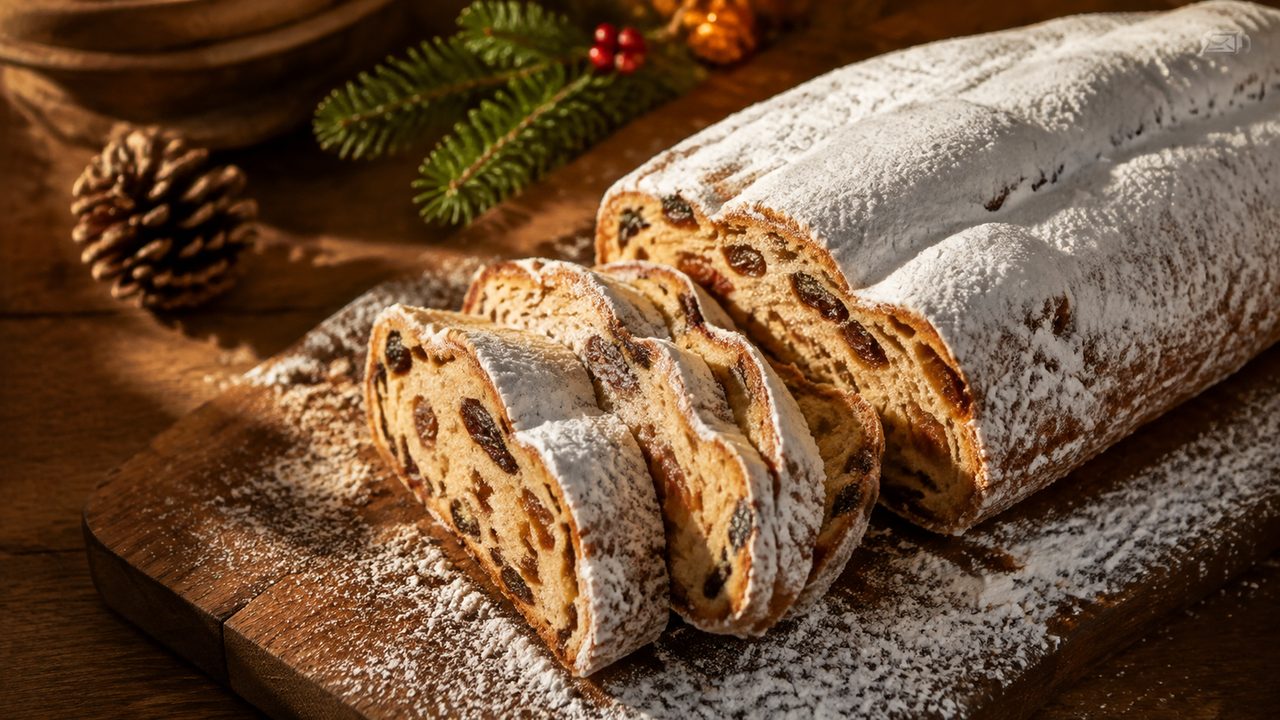 A sliced stollen dusted with powdered sugar next to a whole panettone on a wooden board