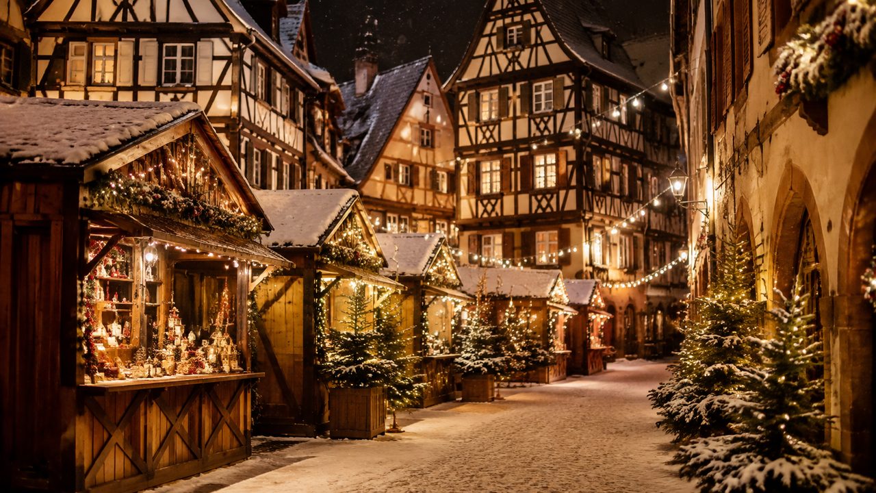 Lit Christmas market chalets along a half-timbered street in Strasbourg's old town