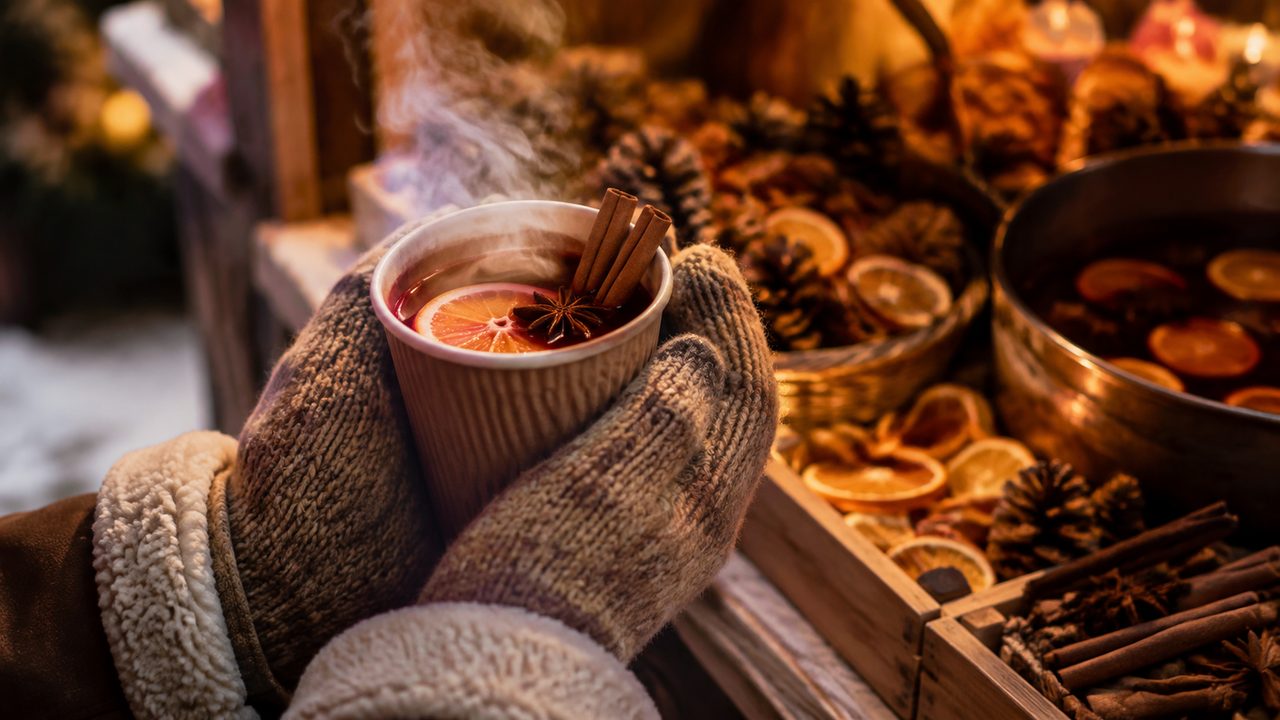 A winter market crowd in hats and scarves gathered under warm string lights