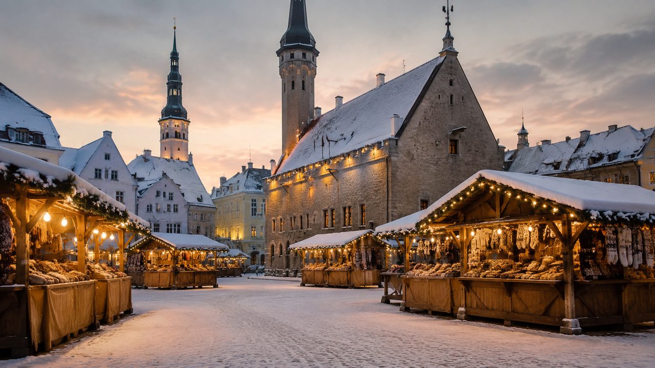 The Christmas market on Tallinn's Raekoja plats with the gothic Town Hall behind the decorated spruce tree