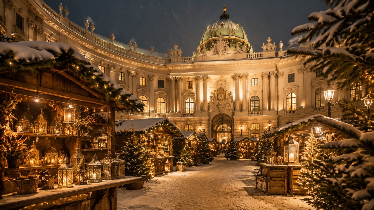 The Vienna Christmas village in front of City Hall, its baroque facade and market stalls lit against the night sky