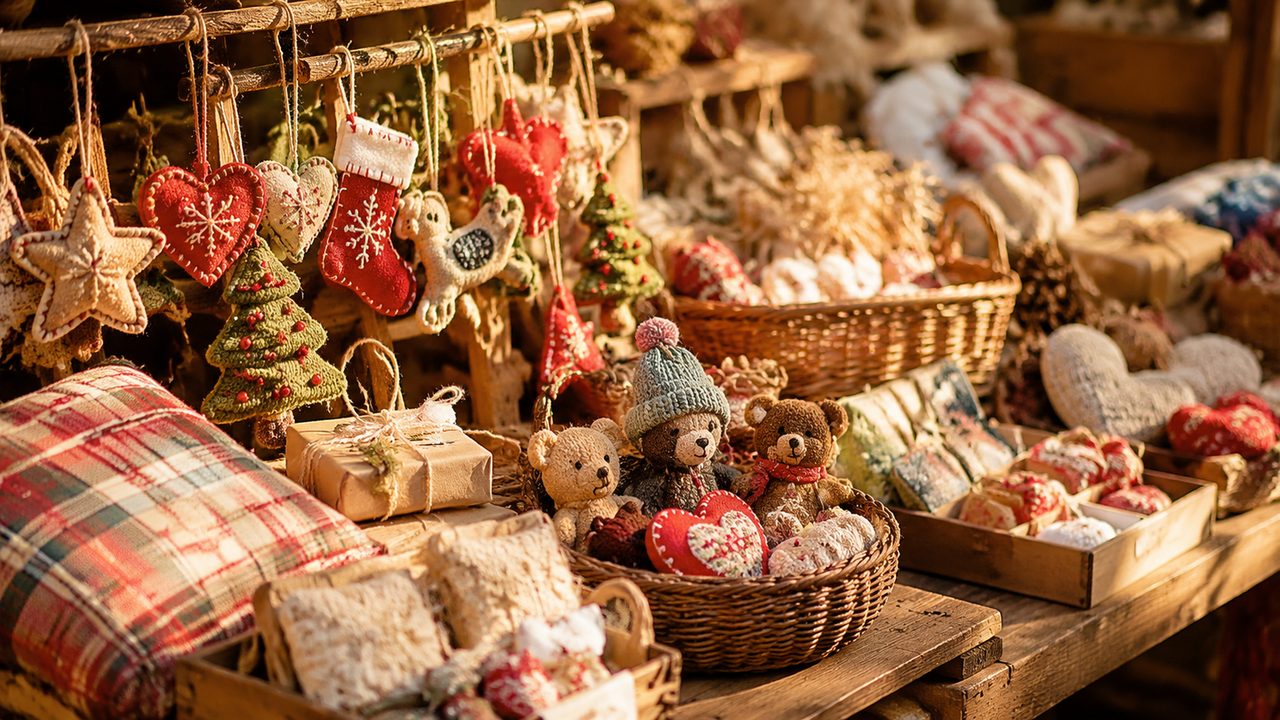 Hands choosing a glass bauble and a small wooden ornament at a market stall